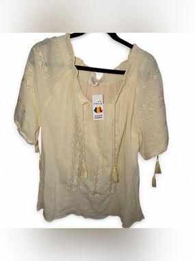 Live Nation Cream Embroidered Peasant Tunic with Tassels